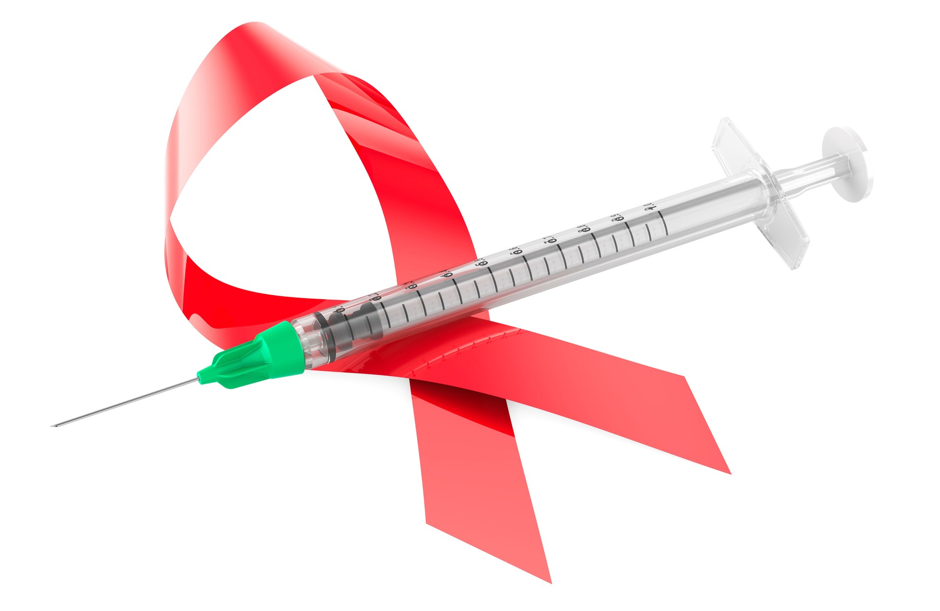 HIV AIDS Awareness Red Ribbon with syringe, 3D rendering